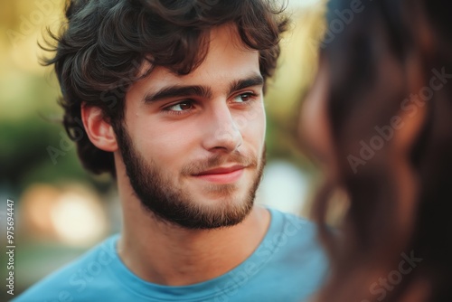 A close-up portrait of a young white couple wearing casual t-shirts, with a blurred background.