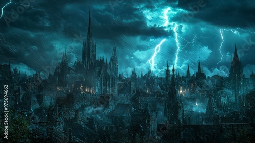 Dramatic Lightning Storm Over Medieval City Towers at Night