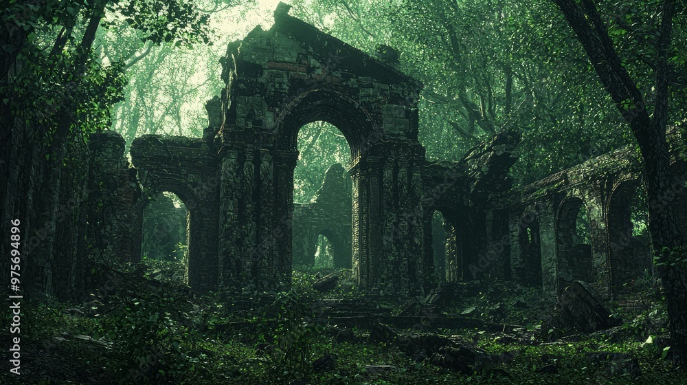 Lost Civilization: Enigmatic Ruins Swallowed by Nature's Embrace in Dark Forest Lost Civilization: Enigmatic Ruins Swallowed by Nature's Embrace in Dark Forest