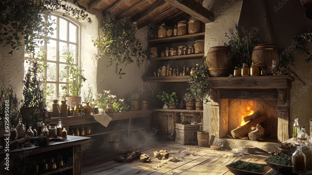 Mystical Ambiance of a Medieval Healer's Workshop with Herbal Remedies and Fireplace Shadows Mystical Ambiance of a Medieval Healer's Workshop with Herbal Remedies and Fireplace Shadows