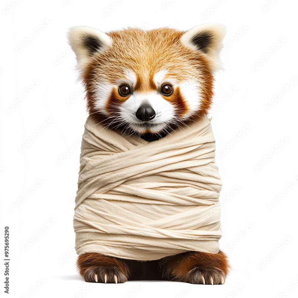 A red panda wrapped in mummy bandages, Halloween theme, cute and spooky, isolated on white background A red panda wrapped in mummy bandages, Halloween theme, cute and spooky, isolated on white background