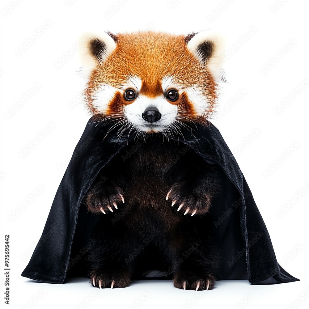 A vampire red panda with tiny fangs and a cape, Halloween theme, dark and mysterious, isolated on white background A vampire red panda with tiny fangs and a cape, Halloween theme, dark and mysterious, isolated on white background