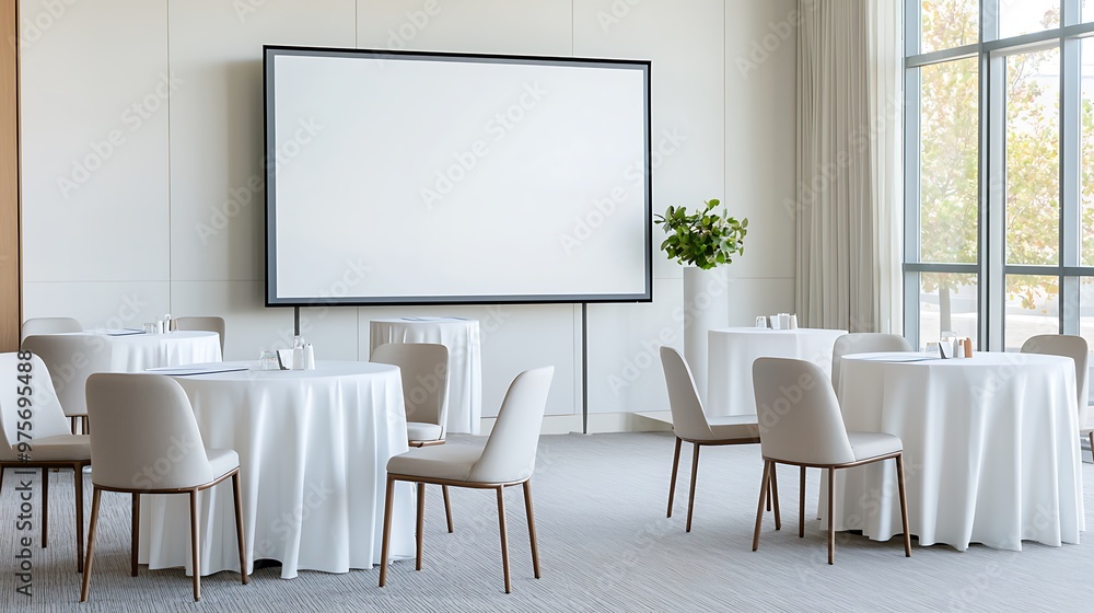 Professional setup for a corporate event, with sleek chairs and tables, large presentation screen, copy space for text, high-end business photography, deep depth of field Professional setup for a corporate event, with sleek chairs and tables, large presentation screen, copy space for text, high-end business photography, deep depth of field