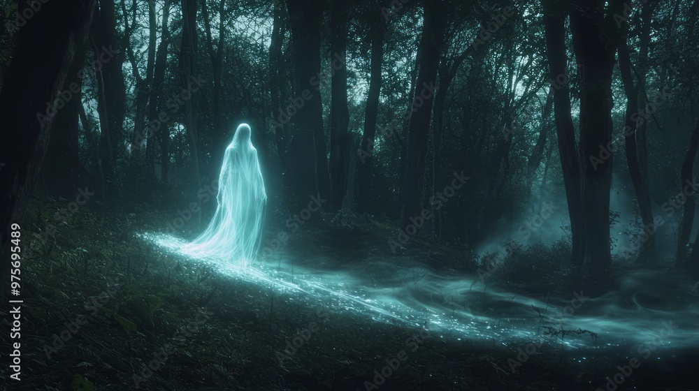 Ethereal Spirit Floating Through Enchanted Forest Casting Shimmering Light - Concept of Mystery and Fantasy Ethereal Spirit Floating Through Enchanted Forest Casting Shimmering Light - Concept of Mystery and Fantasy