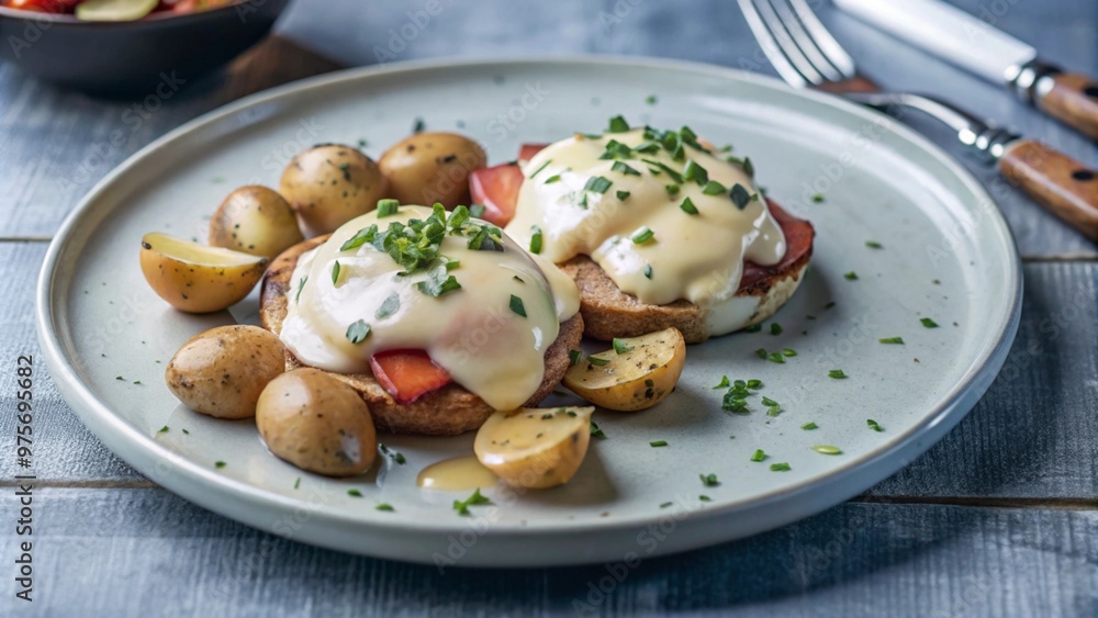 Eggs Benedict served with extra sauce and sliced potatoes on a white plate and garnished with paprika and chives.
