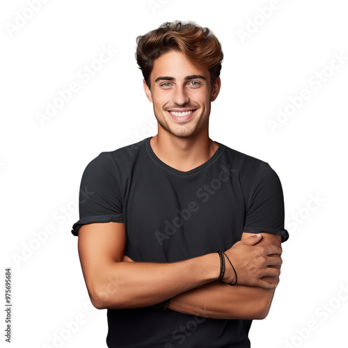 Handsome Young Man Smiling in Casual Black T-Shirt with Folded Arms Against Gray Background