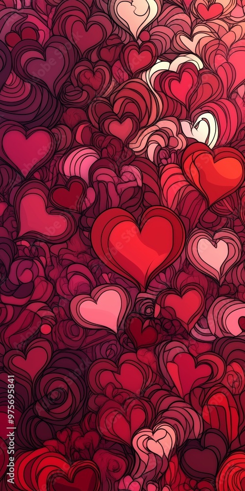 A vibrant illustration of intertwining hearts in shades of red and pink. A vibrant illustration of intertwining hearts in shades of red and pink.