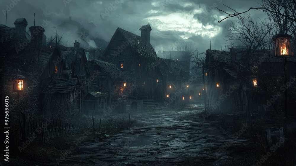 Haunting Scene of Abandoned Village Square with Flickering Lanterns - Eerie Halloween Atmosphere in Creepy Old Town Haunting Scene of Abandoned Village Square with Flickering Lanterns - Eerie Halloween Atmosphere in Creepy Old Town