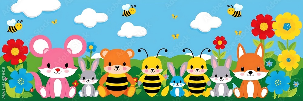 Cartoon animals sitting in a meadow filled with colorful flowers and trees, ideal for children's books, posters, or cards. Suitable for joyful and fun designs. Cartoon animals sitting in a meadow filled with colorful flowers and trees, ideal for children's books, posters, or cards. Suitable for joyful and fun designs.