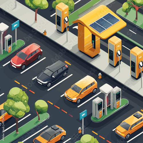 Electric Vehicle Charging Station Isometric Illustration