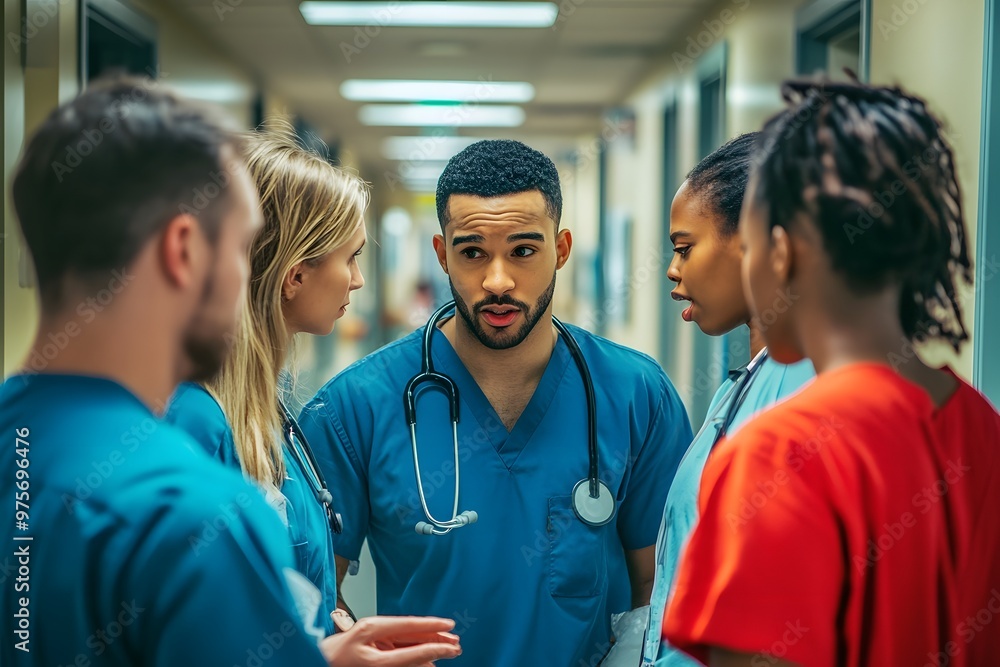 A group of diverse medical professionals gather in a hospital hallway, engaged in a discussion. A group of diverse medical professionals gather in a hospital hallway, engaged in a discussion.