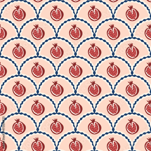 Half pomegranates scallop seamless pattern. Fruit arch repeat background. Traditional retro endless design. Vector hand drawn flat illustration.