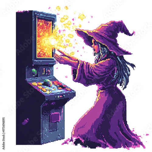 A retro arcade game with a witch casting pixelated spells, Halloween theme, dark and magical, isolated on white background photo