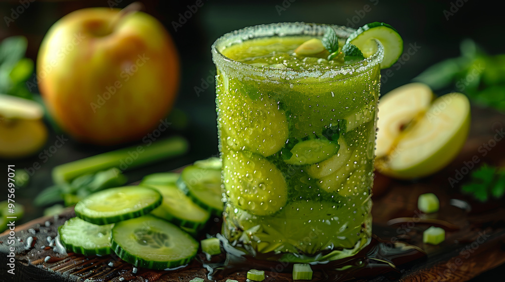 Close-up of Apple Celery Juice: A crisp glass of refreshing apple celery juice with celery sticks and apple slices. Close-up of Apple Celery Juice: A crisp glass of refreshing apple celery juice with celery sticks and apple slices.