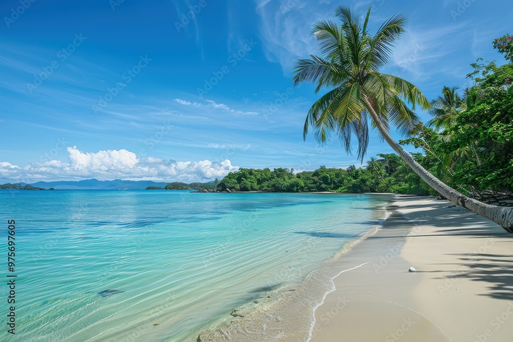 Fototapeta premium Tropical beach with crystal clear water, palm trees, and island in the background, representing idyllic vacation scene, Ai Generation
