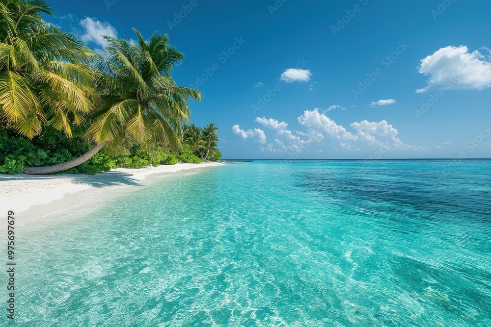 Fototapeta premium Tropical beach with crystal clear water, palm trees, and island in the background, representing idyllic vacation scene, Ai Generation