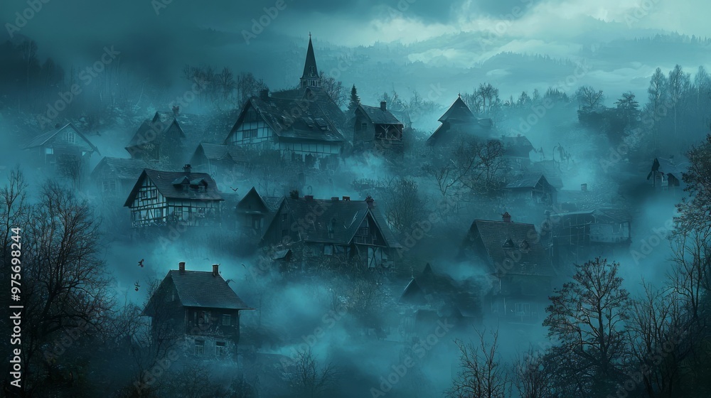 Enigmatic Cursed Village with Leaning Houses in Dark Fog Enigmatic Cursed Village with Leaning Houses in Dark Fog