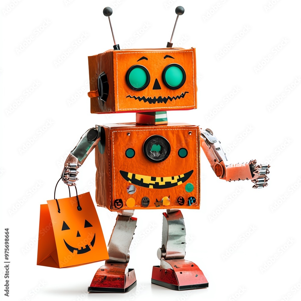 Fototapeta premium A robot holding a trick-or-treat bag, Halloween theme, festive and spooky, isolated on white background