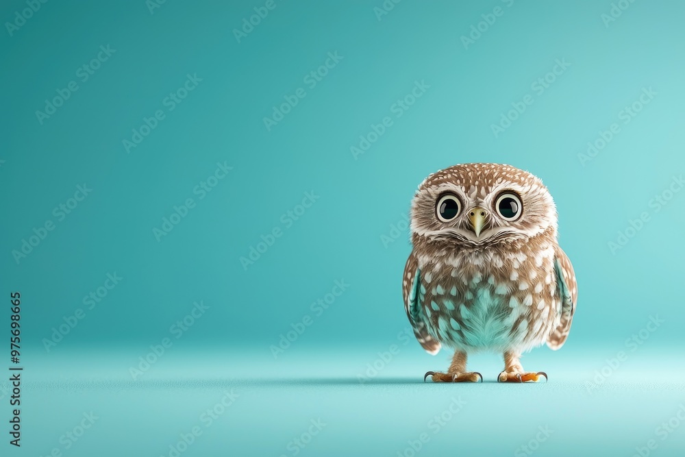 A small brown and white owl is standing on a blue background A small brown and white owl is standing on a blue background