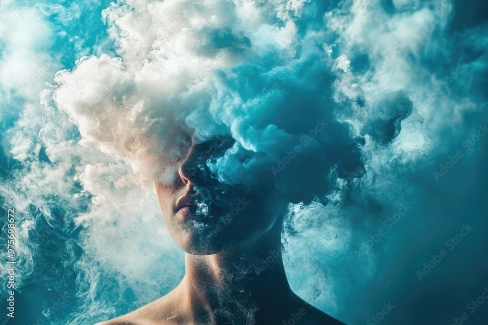 A person's face is obscured by a cloud of smoke. Concept of confusion and disorientation A person's face is obscured by a cloud of smoke. Concept of confusion and disorientation