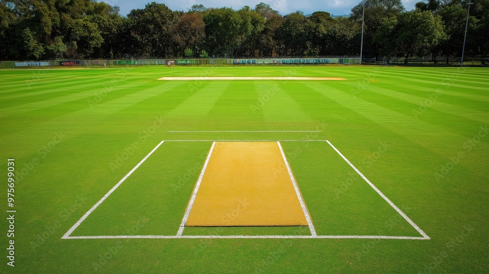 Fototapeta premium Top view of an empty cricket field in a cricket stadium