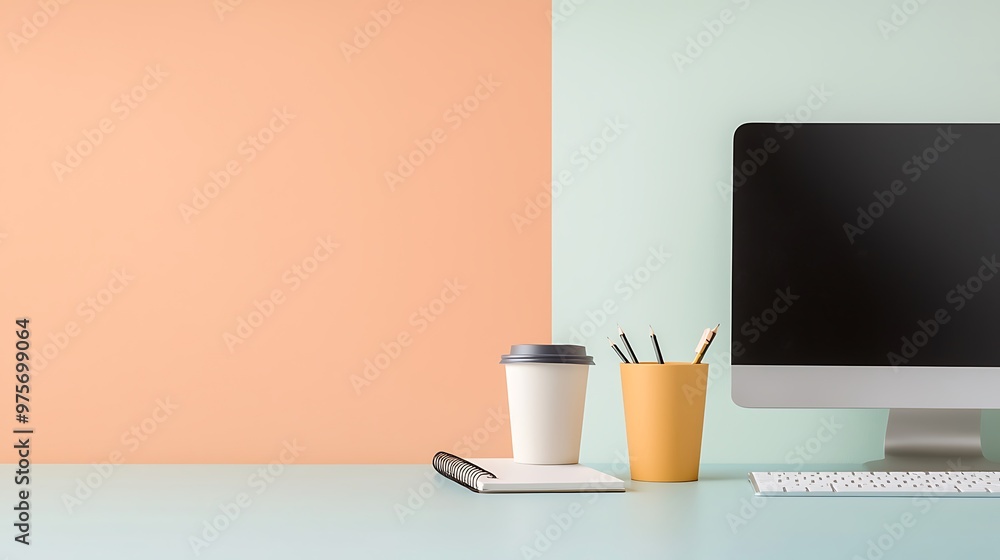 Elegant home office space with a desktop computer, coffee cup, and notebook, vibrant background with room for copy text, high-end photography