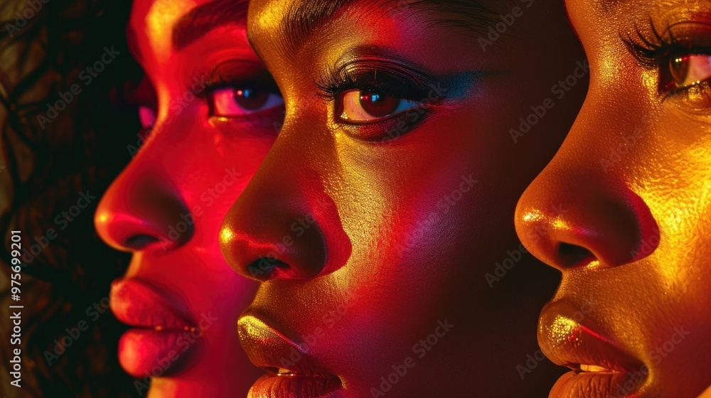 Three women of various skin tones stand next to each other Three women of various skin tones stand next to each other