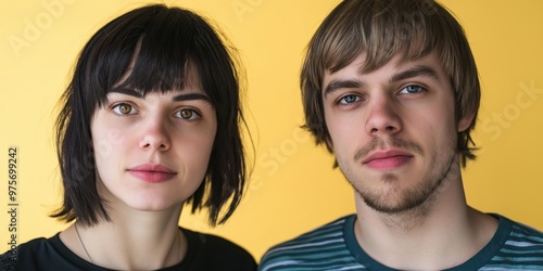 A studio close-up portrait of a young white couple wearing casual t-shirts, with a colourful background.