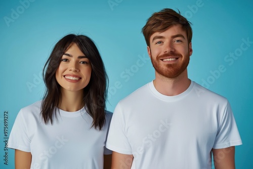 A studio close-up portrait of a young white couple wearing casual t-shirts, with a colourful background.