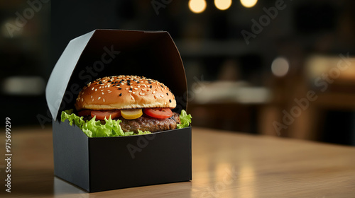 sandwich hamburger with cheese and tomato in black paper box photo