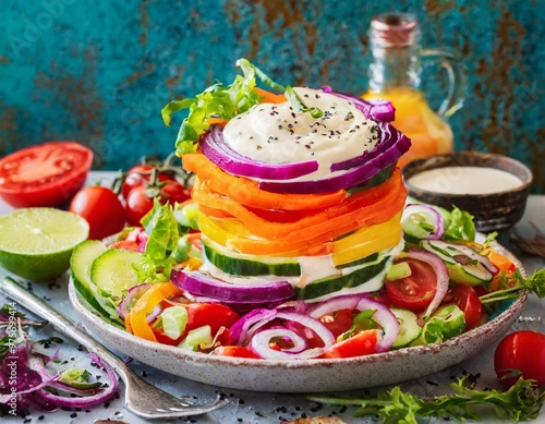 Vibrant Rainbow Salad with Fresh Vegetables and Creamy Dressing