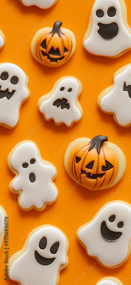 A pattern of cookies in the shape of smiling ghosts and pumpkins on an orange background. Halloween pattern A pattern of cookies in the shape of smiling ghosts and pumpkins on an orange background. Halloween pattern
