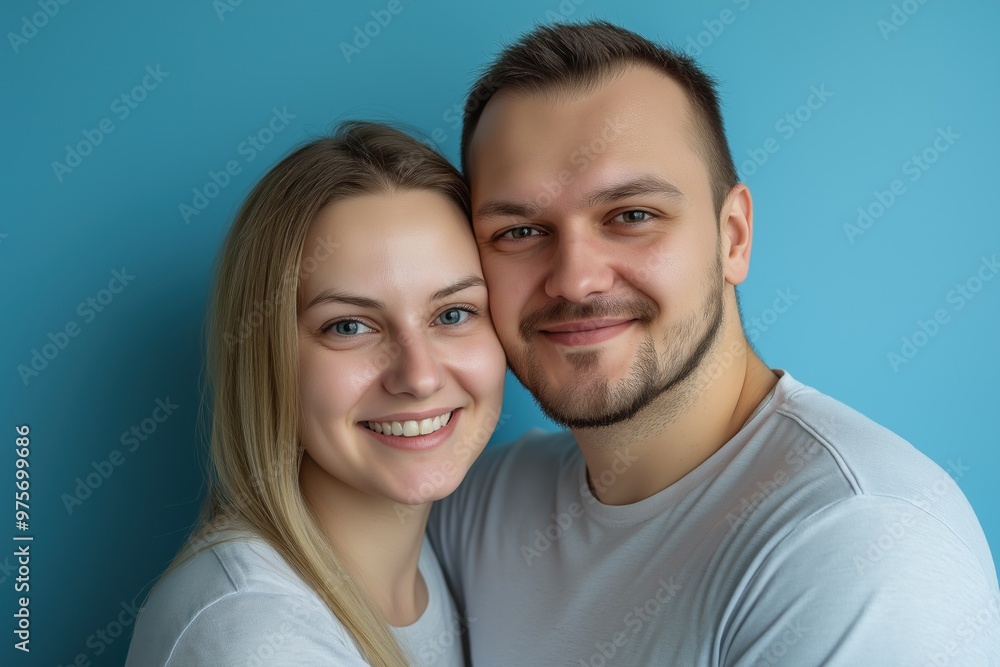 A studio close-up portrait of a young white couple wearing casual t-shirts, with a colourful background. A studio close-up portrait of a young white couple wearing casual t-shirts, with a colourful background.