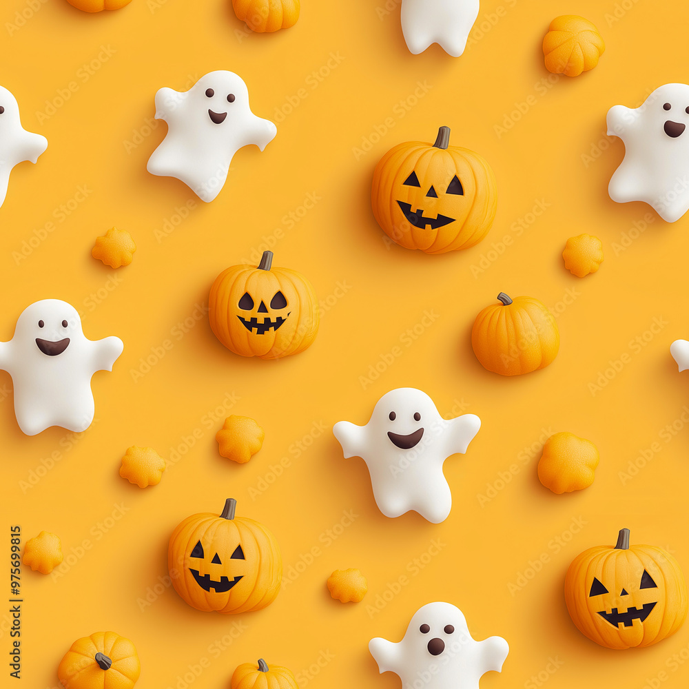 A pattern of cookies in the shape of smiling ghosts and pumpkins on an orange background. Halloween pattern A pattern of cookies in the shape of smiling ghosts and pumpkins on an orange background. Halloween pattern