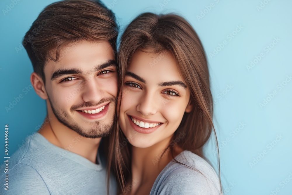 A studio close-up portrait of a young white couple wearing casual t-shirts, with a colourful background. A studio close-up portrait of a young white couple wearing casual t-shirts, with a colourful background.