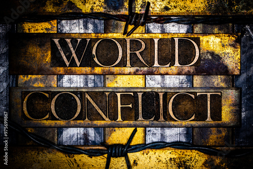 Fotografía World Conflict text with barbed wire in real authentic typeset letters on vintag