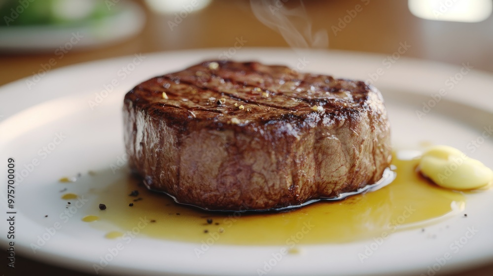 Close-up of a perfectly grilled beef steak resting on a plate with a dollop of butter, capturing the essence of a delicious gourmet meal. Close-up of a perfectly grilled beef steak resting on a plate with a dollop of butter, capturing the essence of a delicious gourmet meal.