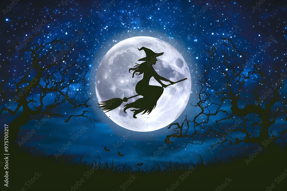 Witch flying against moon and starry sky evokes Halloween mystery Witch flying against moon and starry sky evokes Halloween mystery