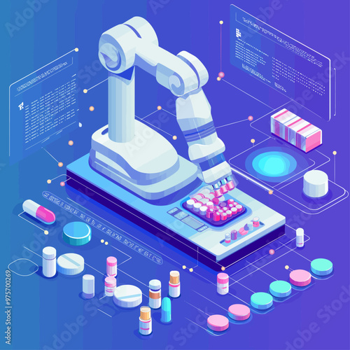 Pharmacy Automation with Robot Arm Vector Illustration