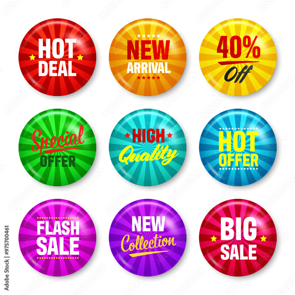 Realistic funky badges with text. Product promotion, sale. Special offer. Glossy round button. Pin badge mockup. Vector illustration Realistic funky badges with text. Product promotion, sale. Special offer. Glossy round button. Pin badge mockup. Vector illustration