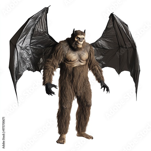 A Bigfoot with bat wings, Halloween theme, eerie and mysterious, isolated on white background