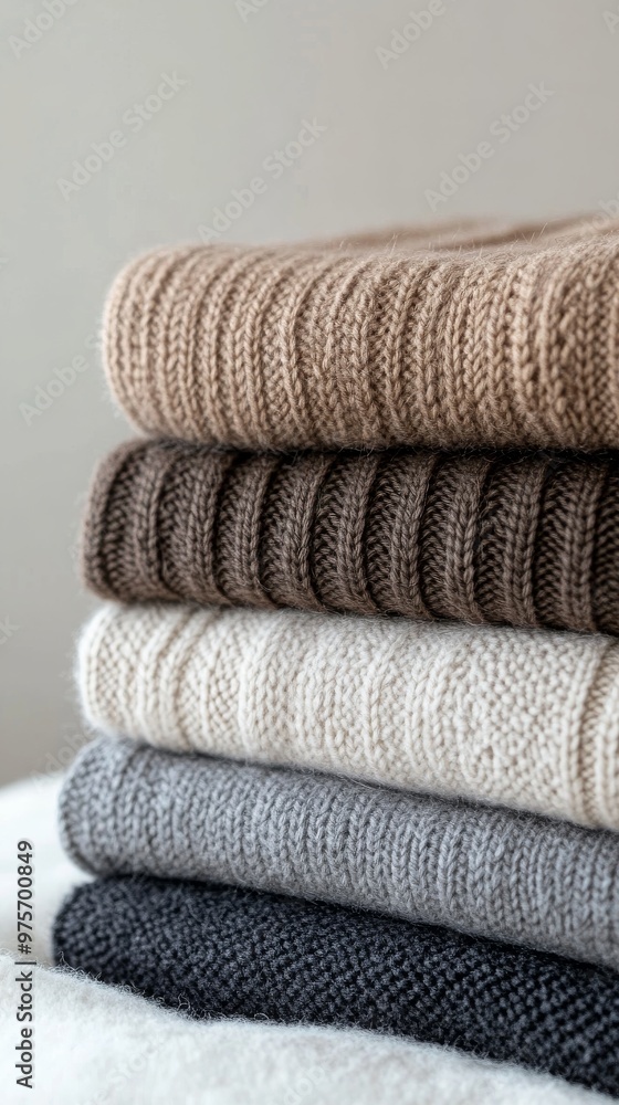 A stack of folded sweaters in neutral tones placed on a soft surface, providing a warm and cozy visual perfect for the autumn or winter wardrobe. A stack of folded sweaters in neutral tones placed on a soft surface, providing a warm and cozy visual perfect for the autumn or winter wardrobe.