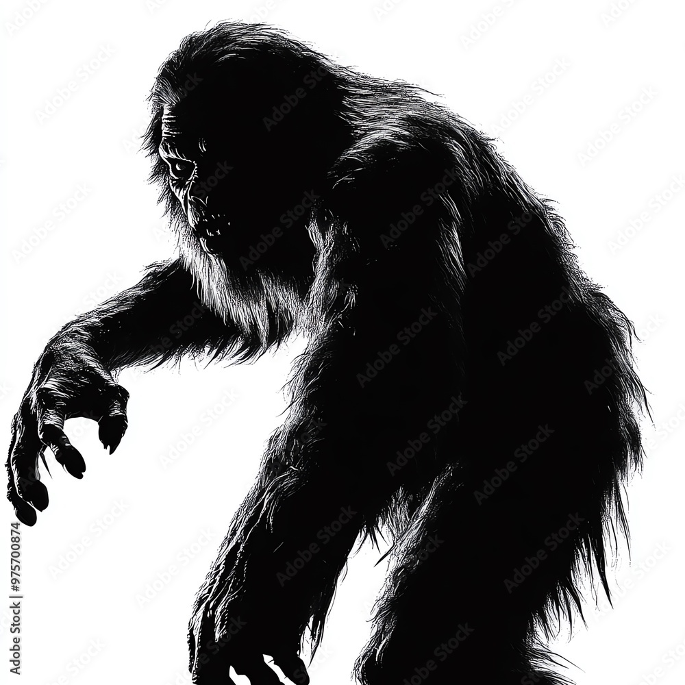 A ghostly Bigfoot emerging from the shadows, Halloween theme, dark and spooky, isolated on white background A ghostly Bigfoot emerging from the shadows, Halloween theme, dark and spooky, isolated on white background