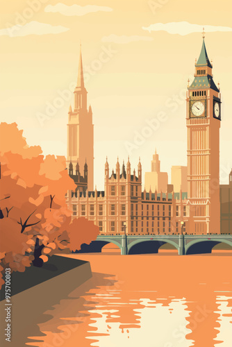 Iconic London autumn cityscape illustration