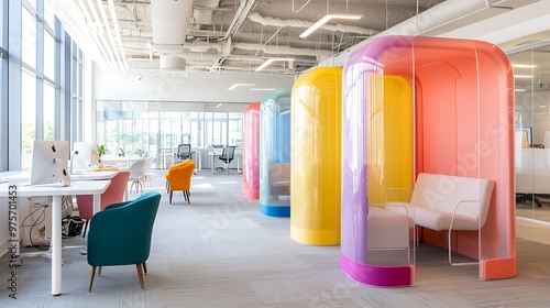 Fototapeta Naklejka Na Ścianę i Meble -  An innovative startup space with transparent meeting pods and neon brainstorming boards, bustling with creativity