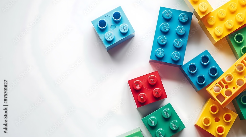 top view of colorful plastic building blocks on white background with copy space top view of colorful plastic building blocks on white background with copy space