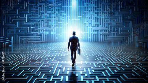 Human silhouette walking through a maze of floating digital ideas, representing the path to business innovation, innovation journey, complex business concepts photo