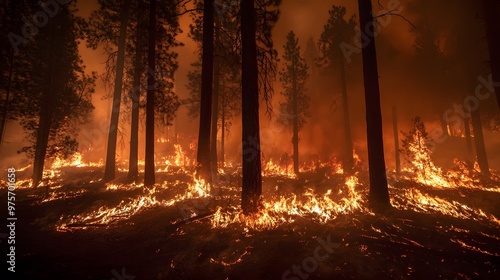 A forest fire rages through a dense stand of trees, the flames licking at the base of the trunks.