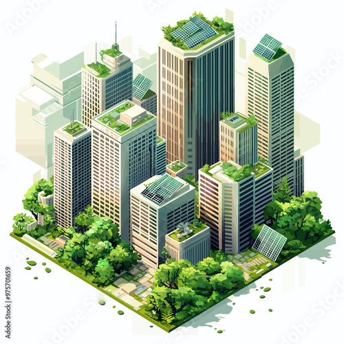 Isometric Green Roof Skyscrapers Sustainable City Vector Illustration