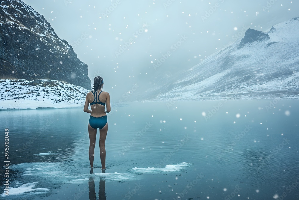Woman in a swimsuit stands in icy water, snow falling around her.